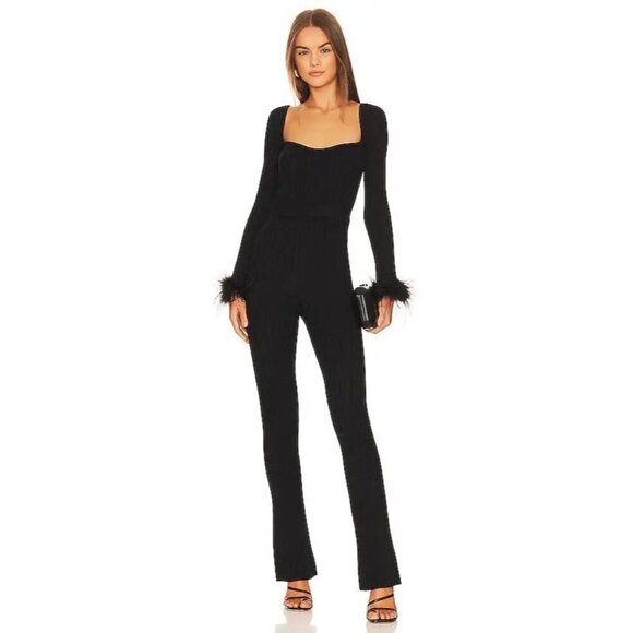 Lovers and Friends Evana Feather Jumpsuit in Black Small New Womens Knit Feather - Picture 9 of 9
